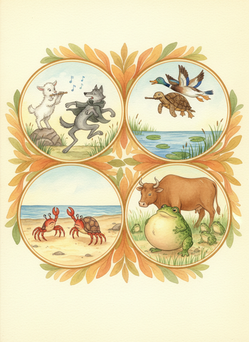 Fables: The Wolf and the Kid, The Tortoise and the Ducks, The Young Crab and His Mother, The Frogs and the Ox
