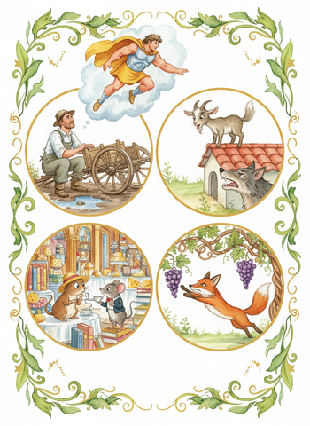 Fables: Hercules and the Wagoner, The Kid and the Wolf, The Town Mouse and the Country Mouse, The Fox and the Grapes